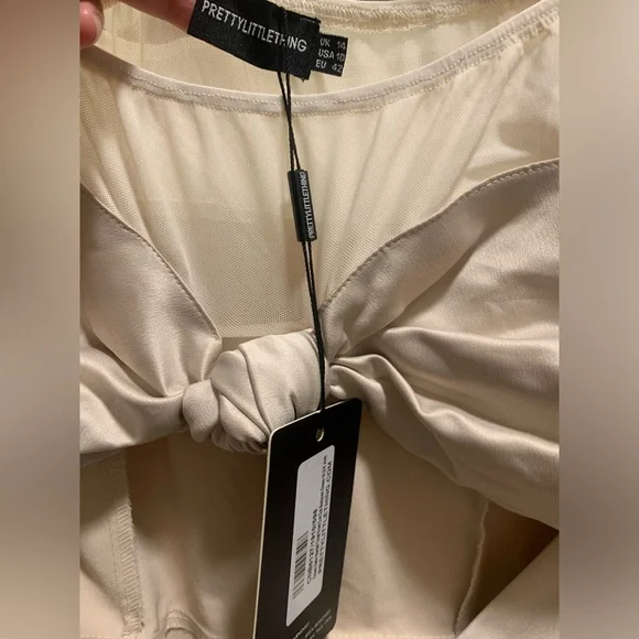 NWT PLT Cream Satin Bardot Twist Front Cut Out Bodycon Dress - Picture 8 of 8